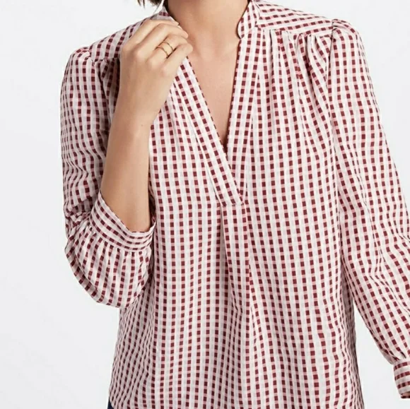 Draper James Maroon and White Checkered Long Sleeve Top - Picture 1 of 10